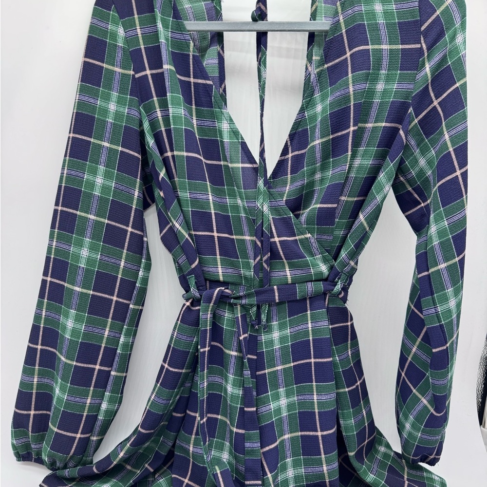 Miami Green, Blue, Pink Plaid Plunge Neck/Back Short Jumpsuit, Size‎ Large